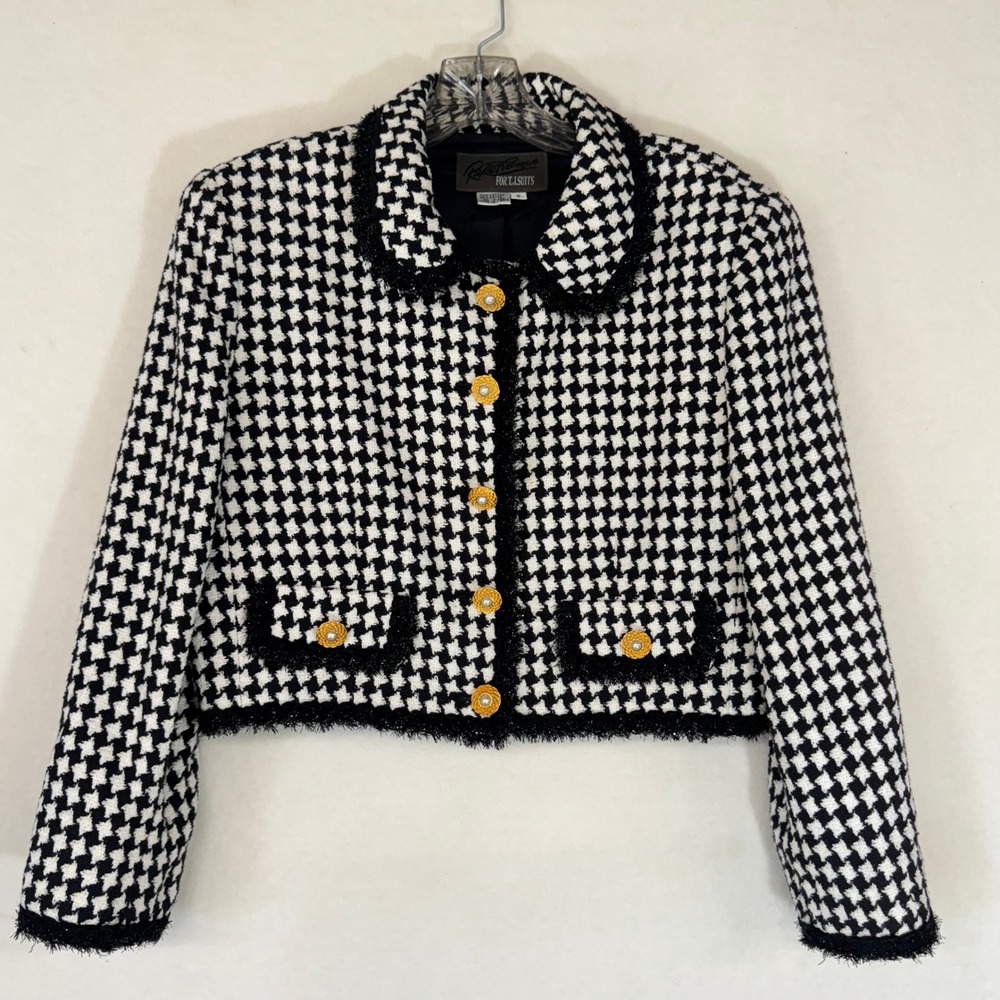 Vintage Rickie Freeman Houndstooth Blazer sz 8 Black White Gold Cropped Classic